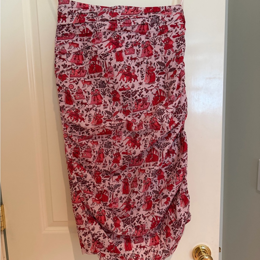 RHODE Red Printed Midi Skirt with Draped Gather